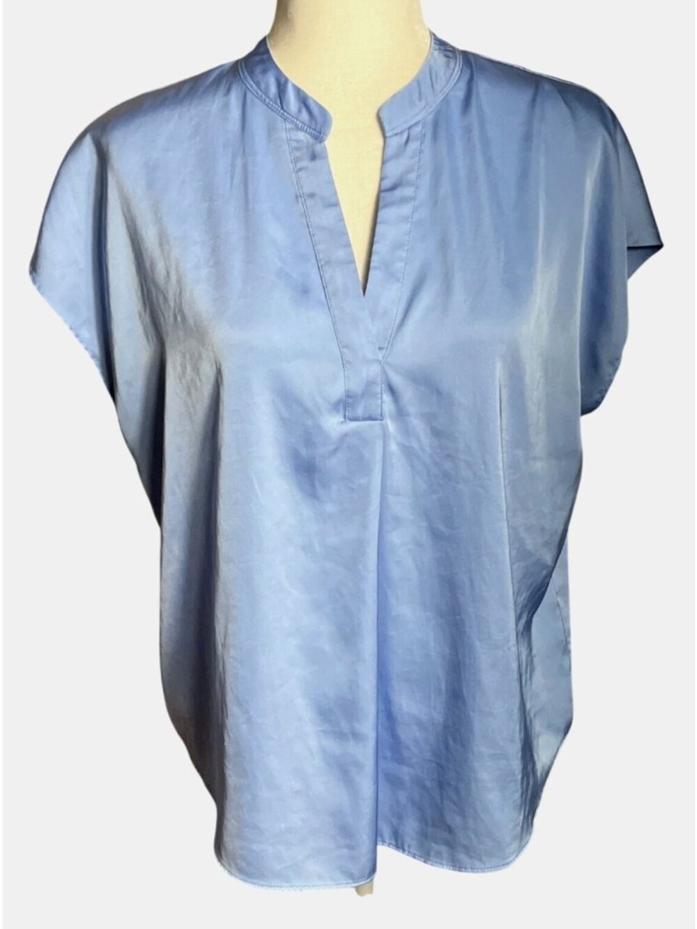 Rachel Roy Satin Top Sky Blue Split Mandarin Neck Boxy Boho Tunic Womens M
